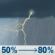 Today: A slight chance of rain showers between 8am and 11am, then showers and thunderstorms. Mostly cloudy. High near 80, with temperatures falling to around 76 in the afternoon. South wind 6 to 14 mph, with gusts as high as 24 mph. Chance of precipitation is 80%. New rainfall amounts between a half and three quarters of an inch possible. Today: Showers And Thunderstorms
